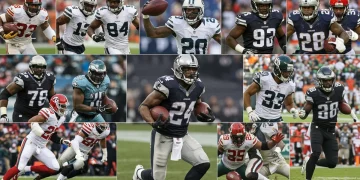 Dynamic collage of iconic NFL game-changing plays over the last decade