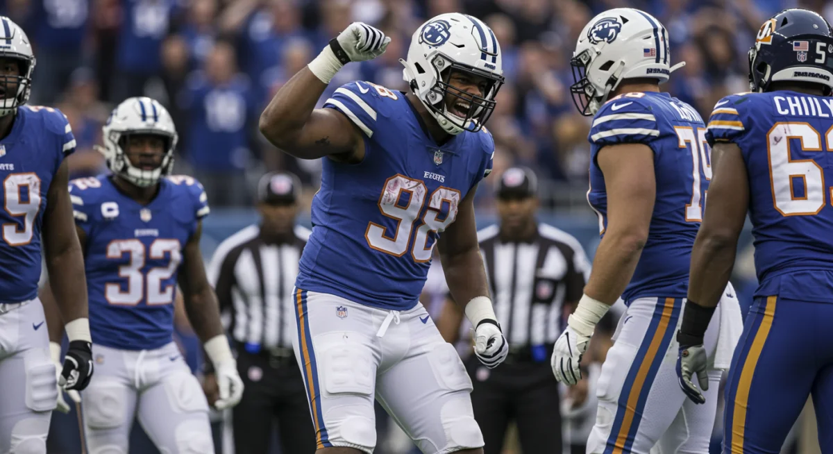 Offensive lineman celebrating a successful block with teammates