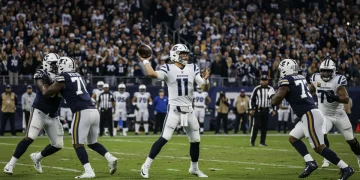 NFL 2024: Iconic Offensive Big Plays Breakdown Dynamic NFL quarterback making a game-changing throw in a packed stadium.