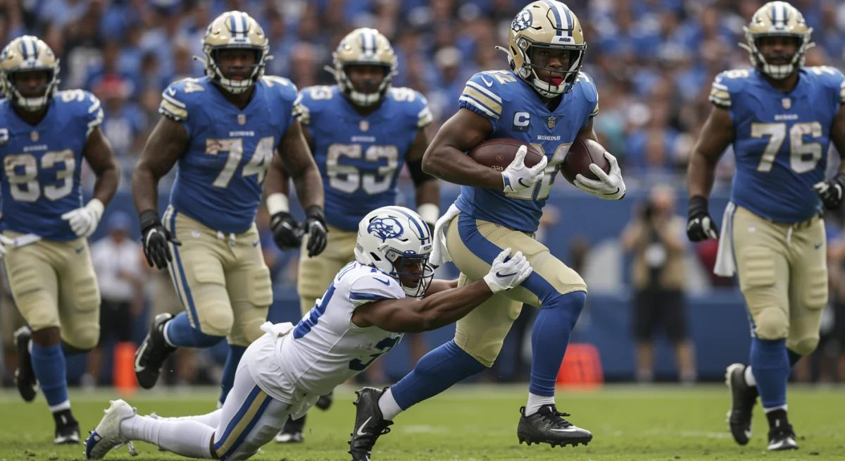 NFL running back evading a tackle during a powerful, long gain.