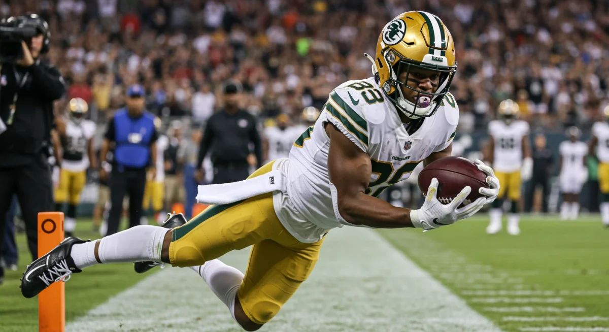 NFL receiver making a critical sideline catch with exceptional body control.