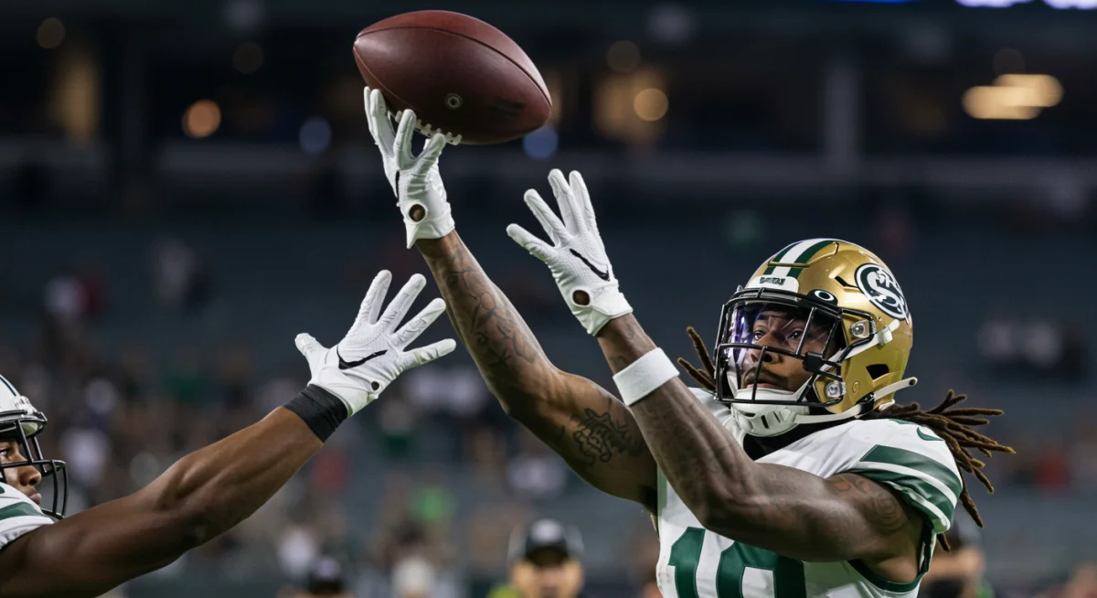 Wide receiver making a difficult catch, demonstrating peak concentration and mental resilience.