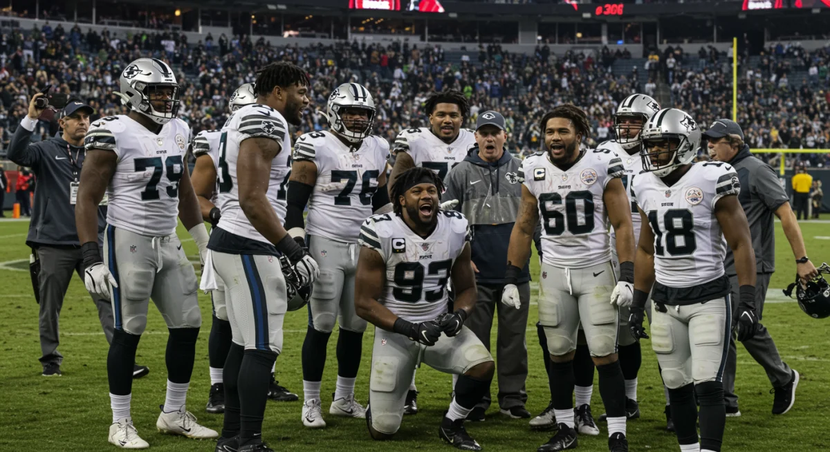 NFL team celebrating victory, highlighting collective mental strength and unity.