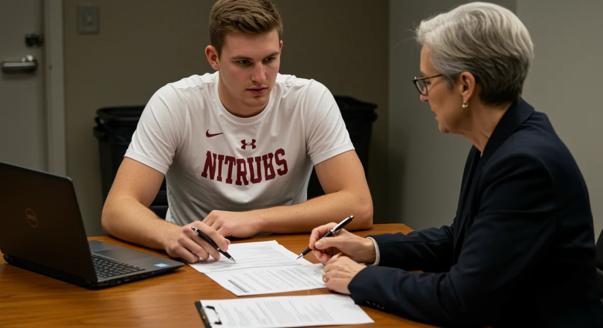 College athlete reviewing NIL contract with legal advisor