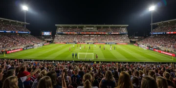 Packed NWSL stadium at night, symbolizing financial success and growth.
