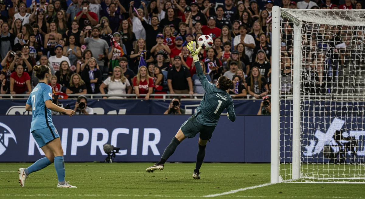 NWSL goalkeeper making a critical save during a high-stakes match in the 2025 playoff race.