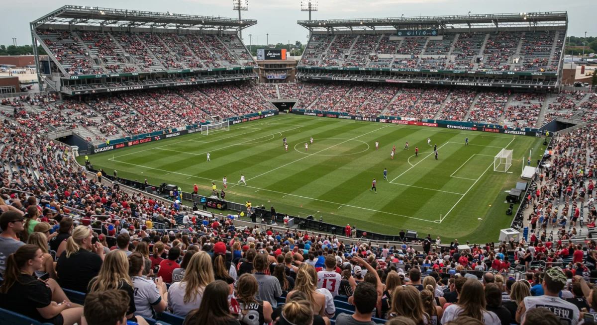 Packed soccer stadium with cheering NWSL fans