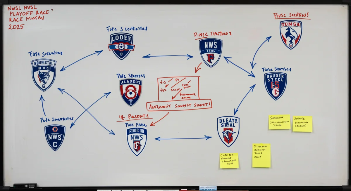 Strategic whiteboard showing NWSL playoff scenarios and team paths for the 2025 season.