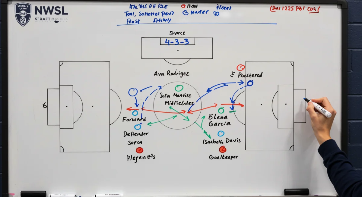 Tactical whiteboard showing potential NWSL team formations and draft pick placements