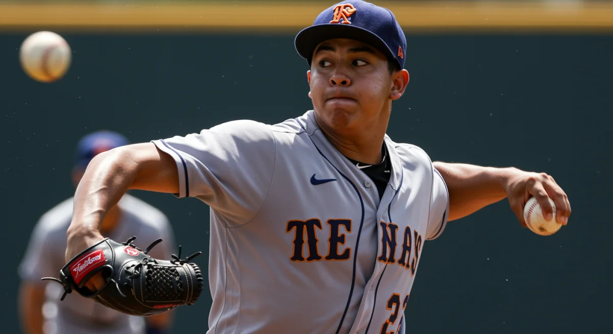 Baseball pitcher in intense focus during a game, preparing to throw.