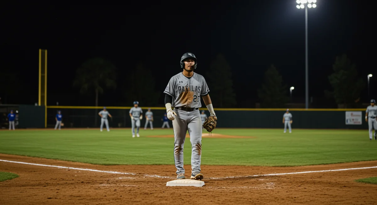 Baseball player celebrating on base after a clutch hit