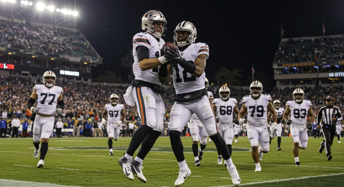 Quarterback and receiver celebrating a game-winning acrobatic catch.