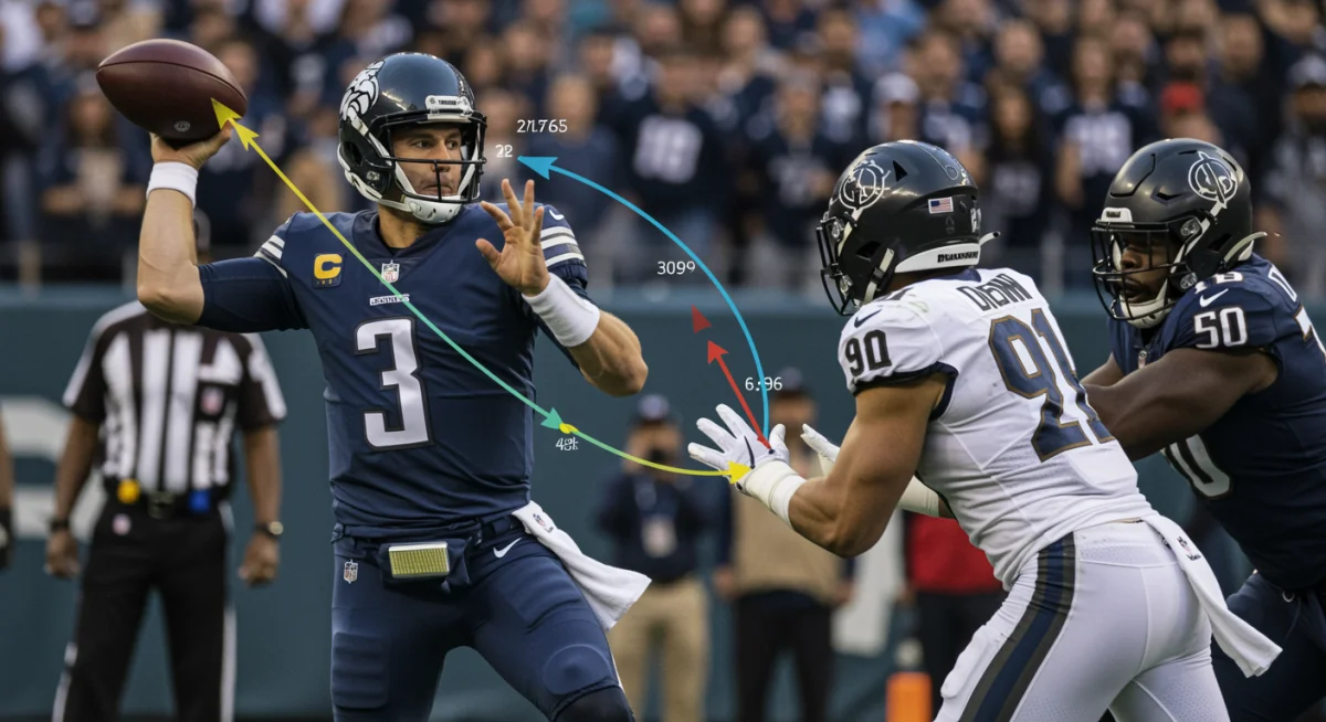 Quarterback making game-winning throw with data visualization