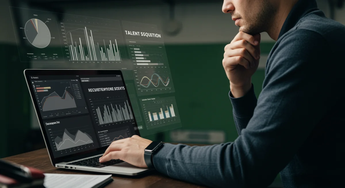 Recruitment scout evaluating prospective athletes with data analytics