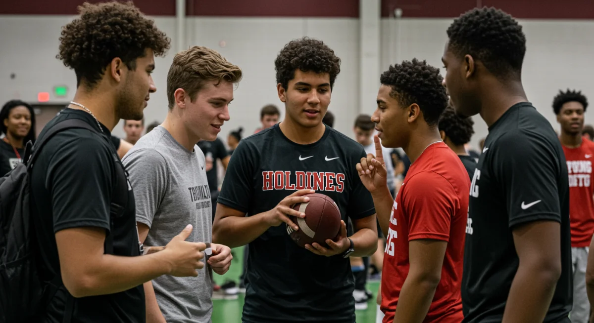 Student-athletes interacting with college coaches at a recruitment event