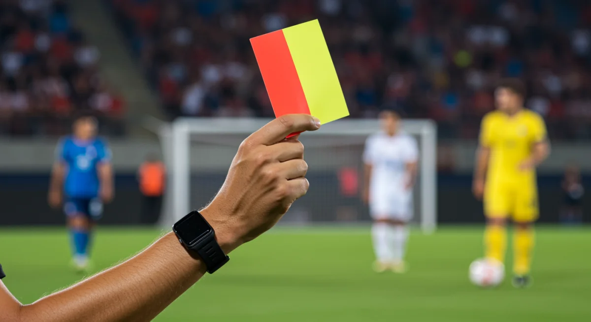 Referee holding a red card, illustrating new rule enforcement in soccer.