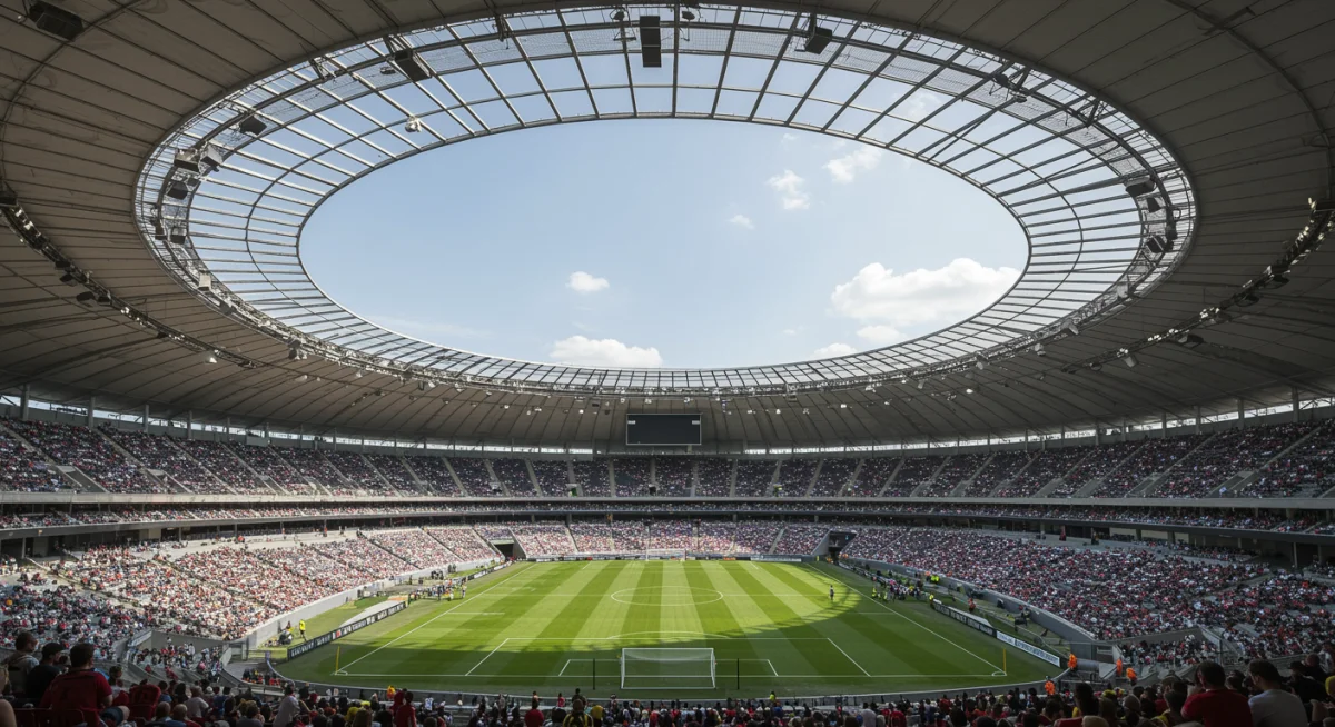 Interior view of a soccer stadium with a retractable roof, showcasing innovative climate control and sustainable design during a match.
