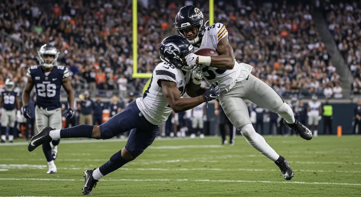 Rookie defensive end making a powerful tackle to stop an opponent's drive.