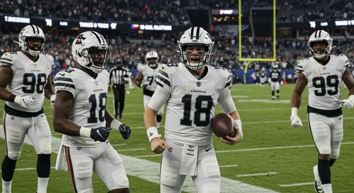 Rookie quarterback celebrating a game-winning touchdown pass with teammates.