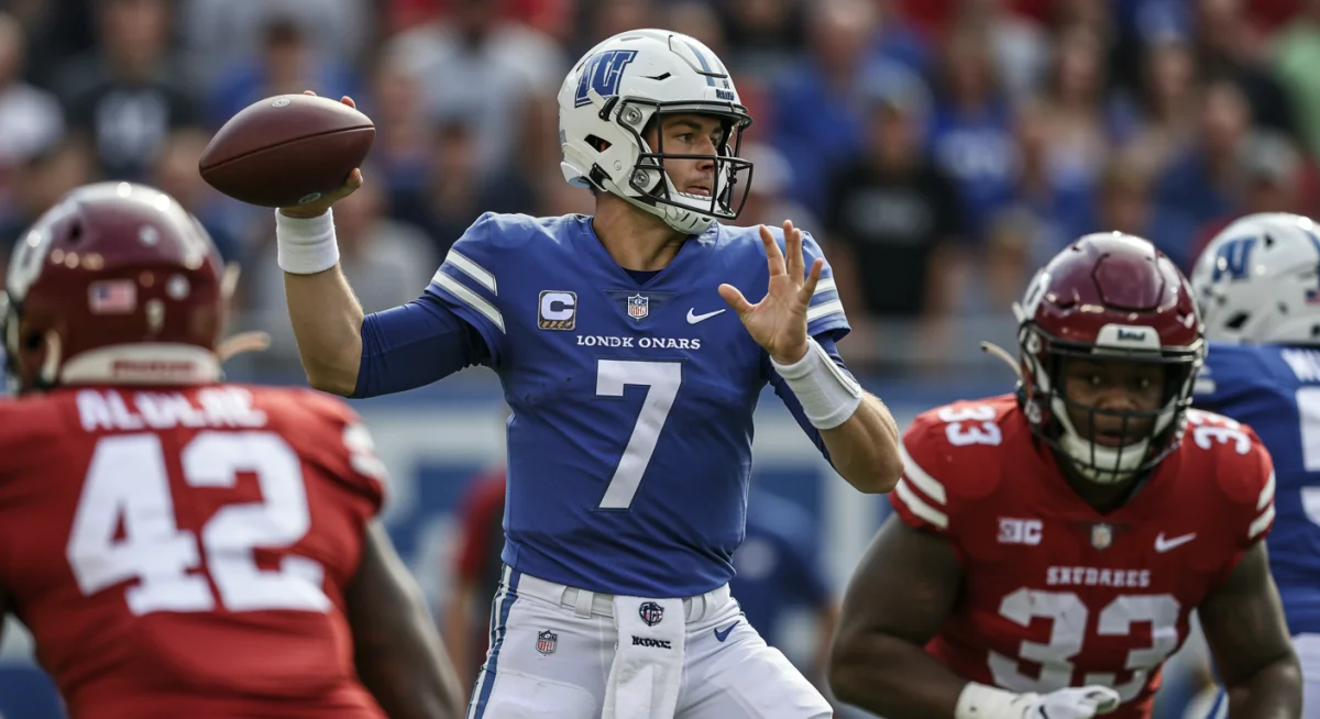 Rookie quarterback from 2024 NFL Draft class making a focused throw during a game.