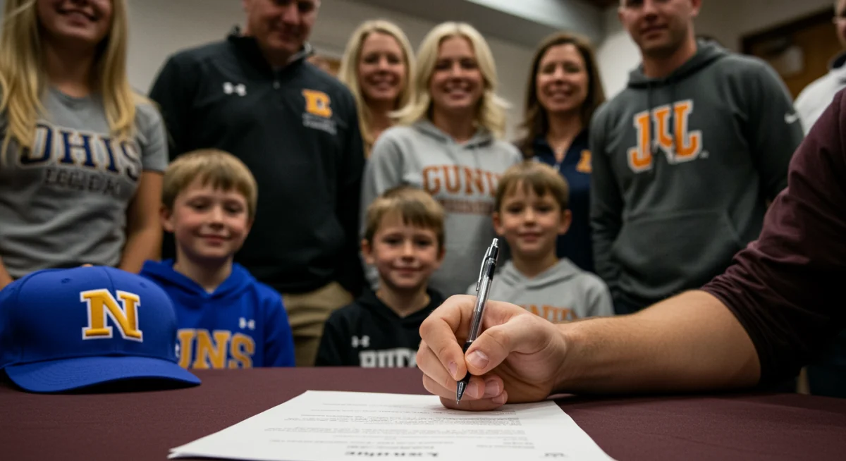 Student-athlete signing national letter of intent with family