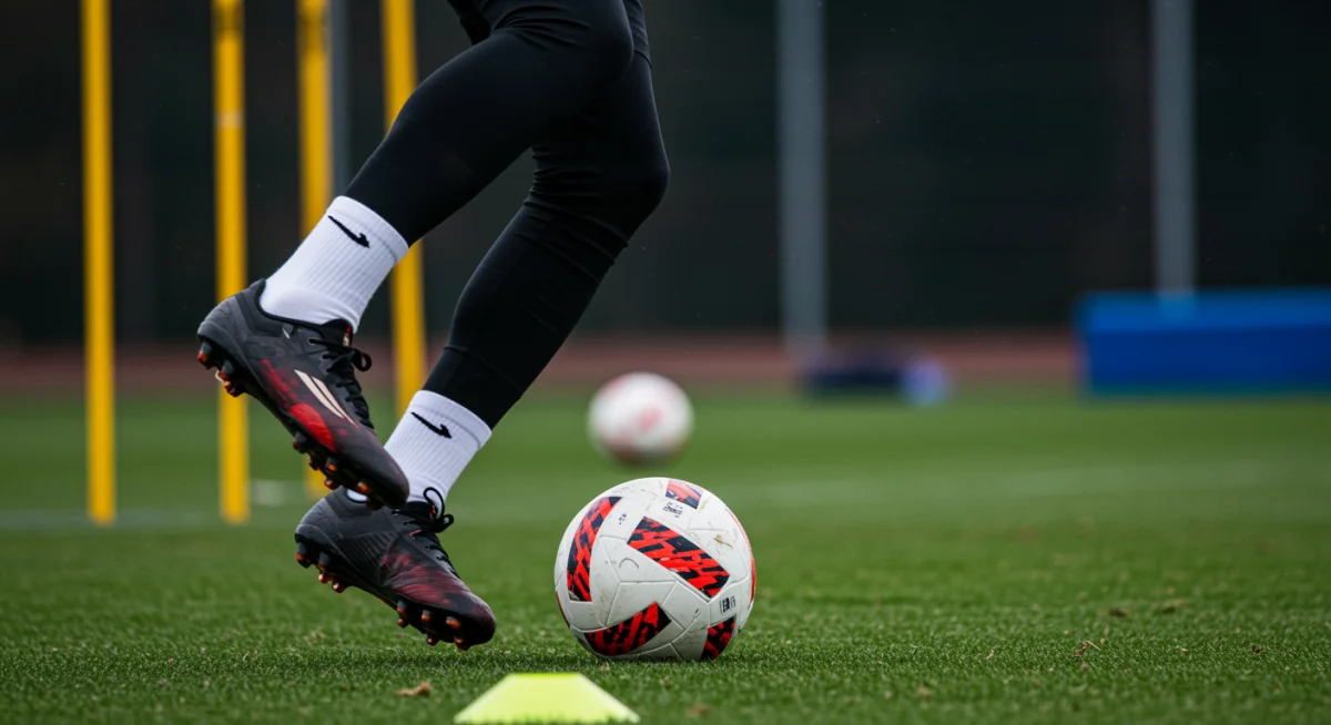 Soccer player's feet controlling ball during training, emphasizing skill development