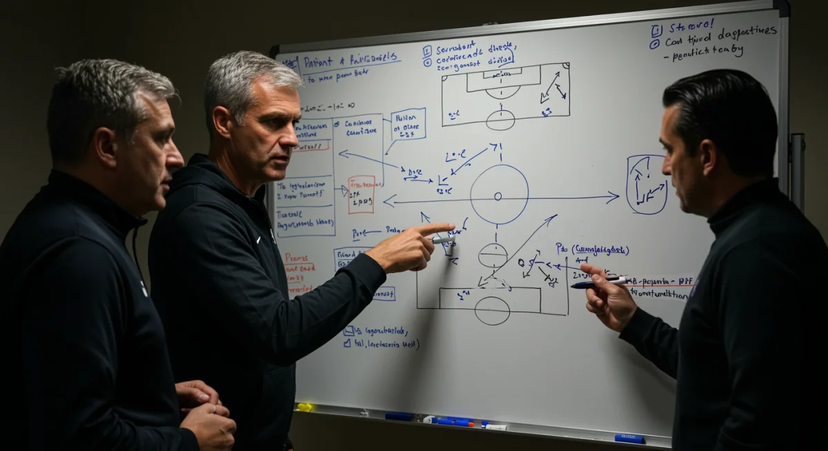 Coaches discussing tactical adjustments on a whiteboard in response to new soccer rules.