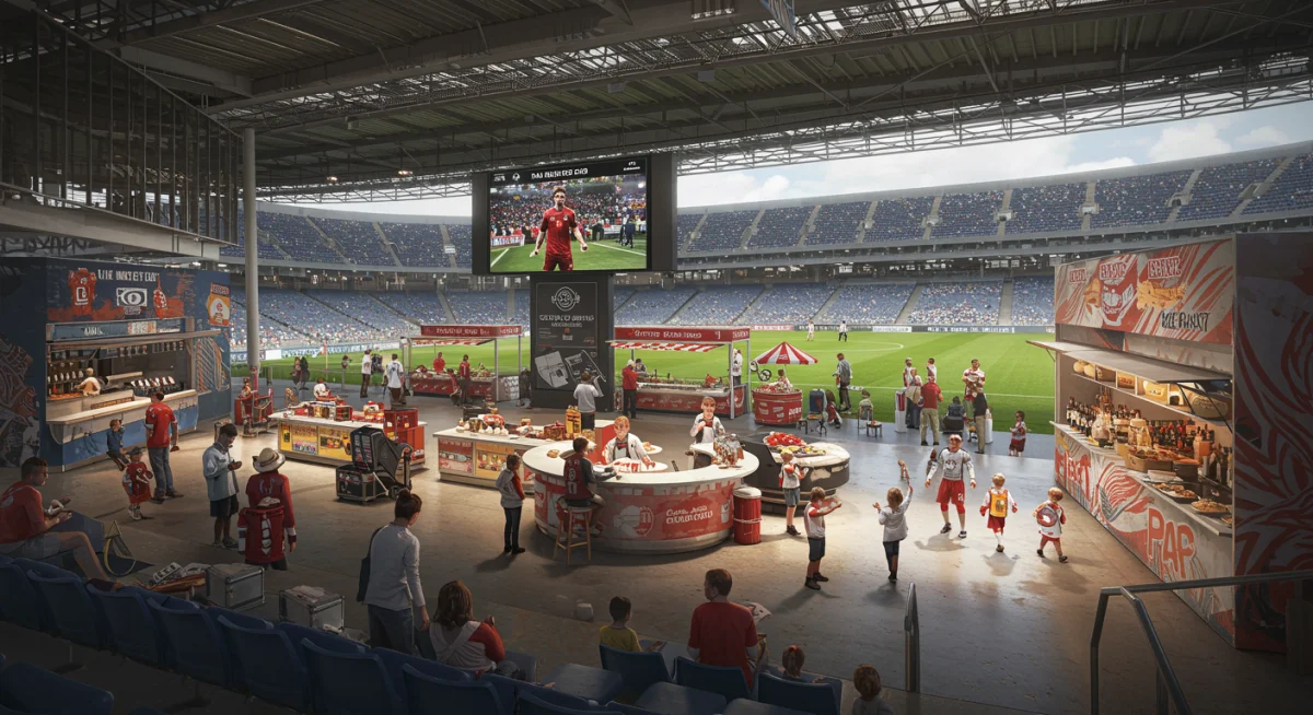 Vibrant fan zone inside a new soccer stadium, featuring interactive displays and diverse food options, enhancing pre-game experience.