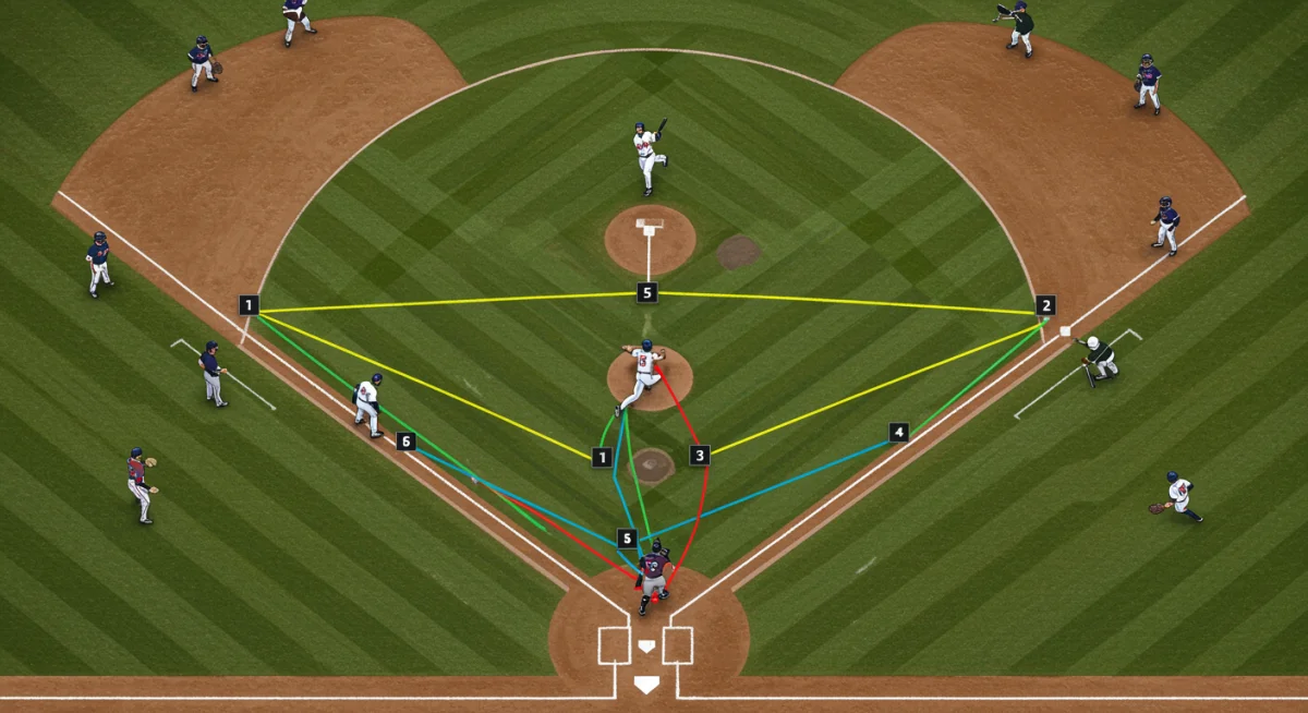 Tactical diagram illustrating the strategic elements and pathways of a successful base steal in baseball.