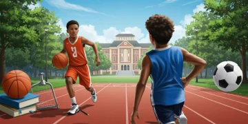 Student-athlete balancing academics and sports, looking towards college campus