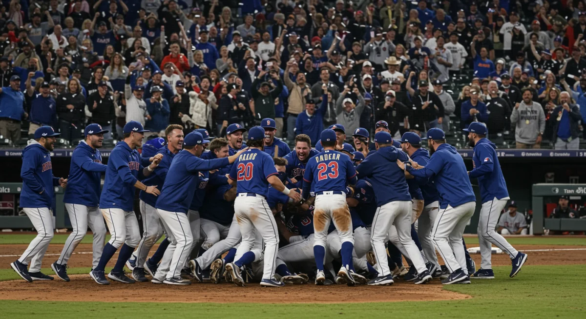 Baseball team celebrating a dramatic upset victory on the field