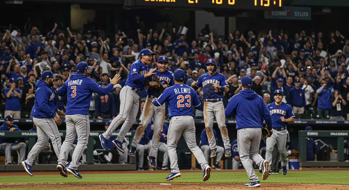 Baseball team celebrating walk-off victory after strategic play