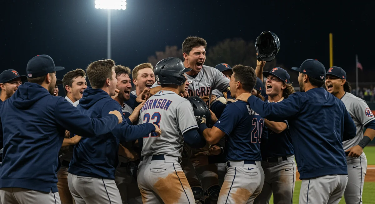Baseball team celebrating a dramatic victory on the field.