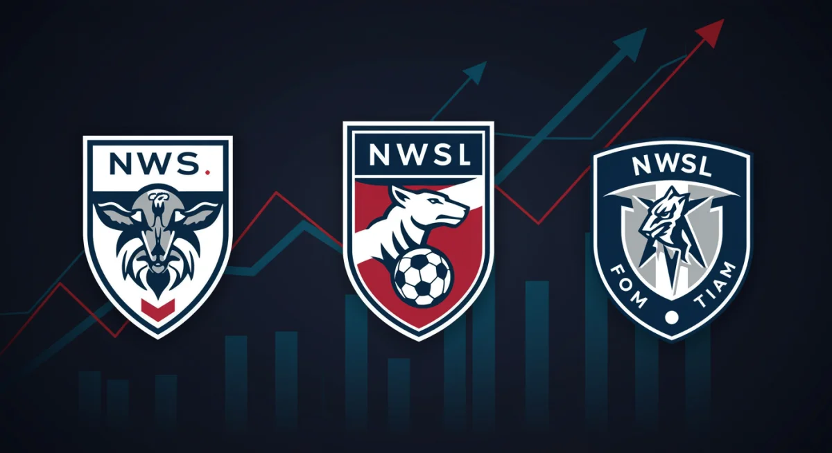 Stylized logos of three profitable NWSL teams with upward financial graphs.