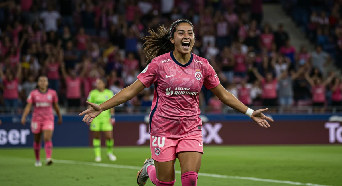 Young female soccer player celebrating a goal