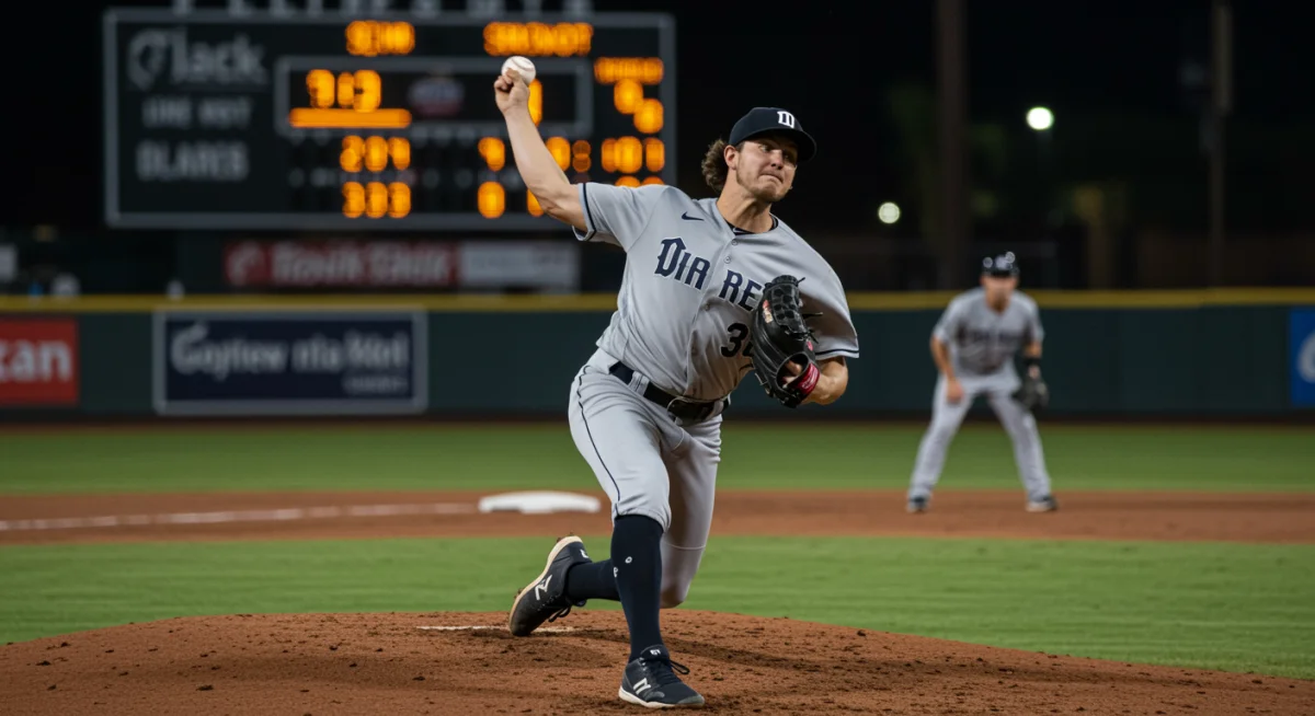 Pitcher intensely focused on the mound during a tight MLB game