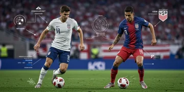 Dynamic illustration of soccer players on a field, representing upcoming rule changes in US soccer for 2025.