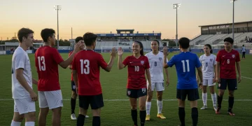 Young soccer players celebrating on field, symbolizing US youth development