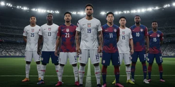 USMNT key players in European leagues, showcasing their club team jerseys on a soccer field.