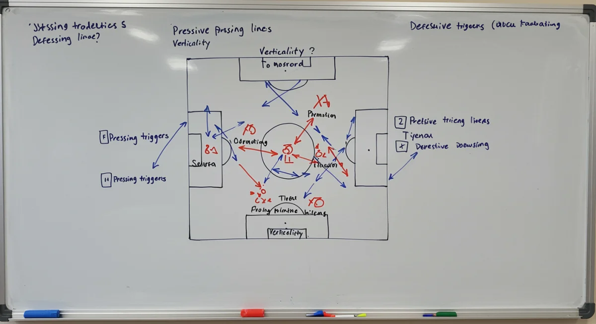 Tactical whiteboard with 4-3-3 formation and strategic notes for USMNT midfield dominance and pressing schemes.