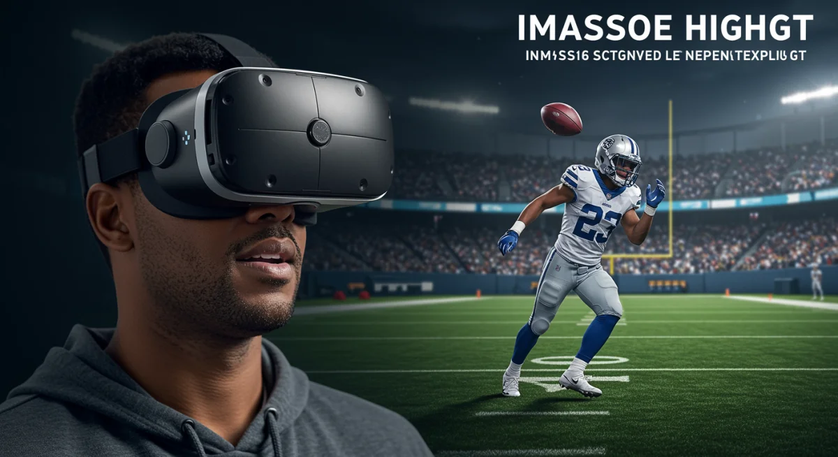 Fan immersed in a virtual reality NFL highlight experience with a sleek VR headset.