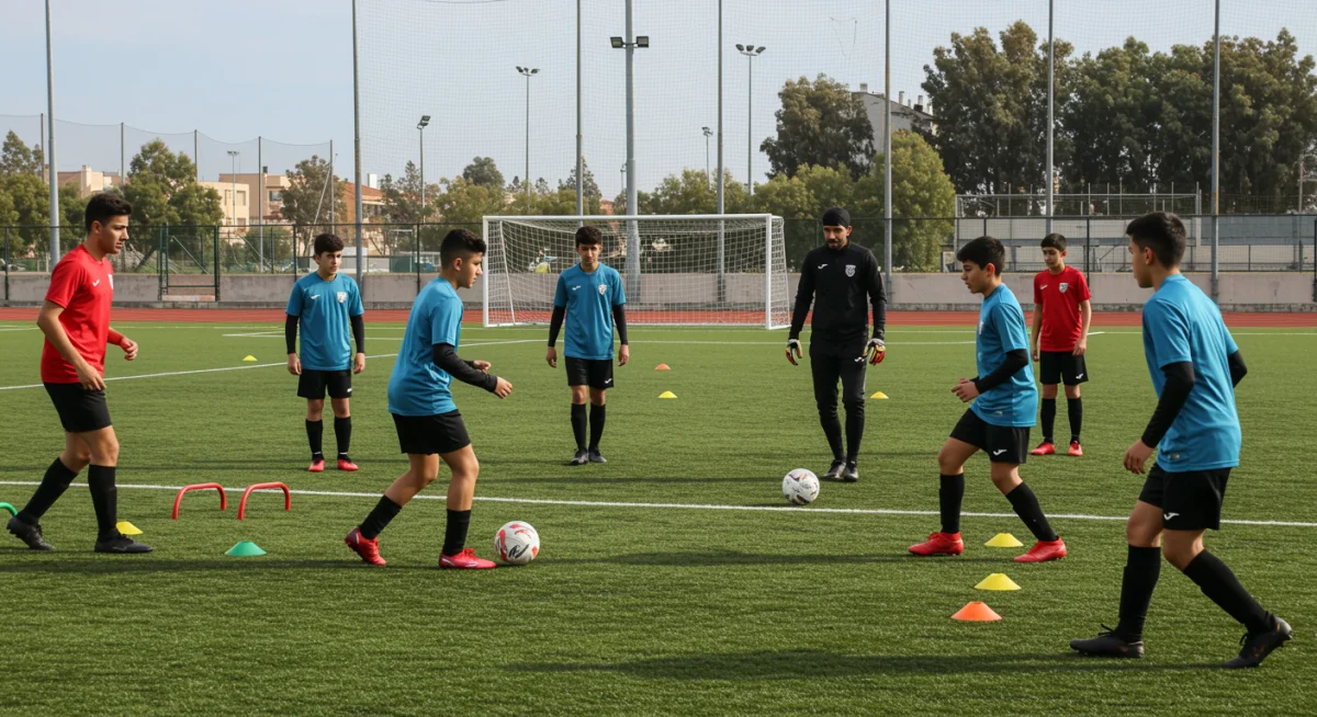Youth soccer team practicing dynamic drills, focusing on fluid movement and positional play under coach's guidance.