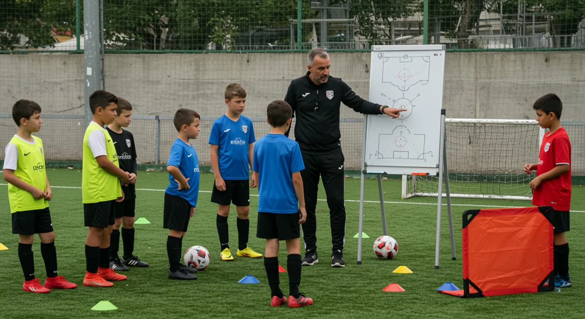 Youth soccer coach demonstrating tactical awareness to players