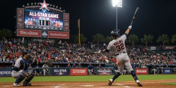 Dynamic shot of a batter hitting a home run during the 2025 MLB All-Star Game.