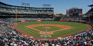 Vibrant baseball stadium during 2026 MLB Spring Training game with players and fans