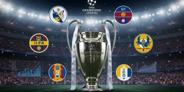 Champions League Quarterfinals 2026 statistical analysis with team logos and trophy.