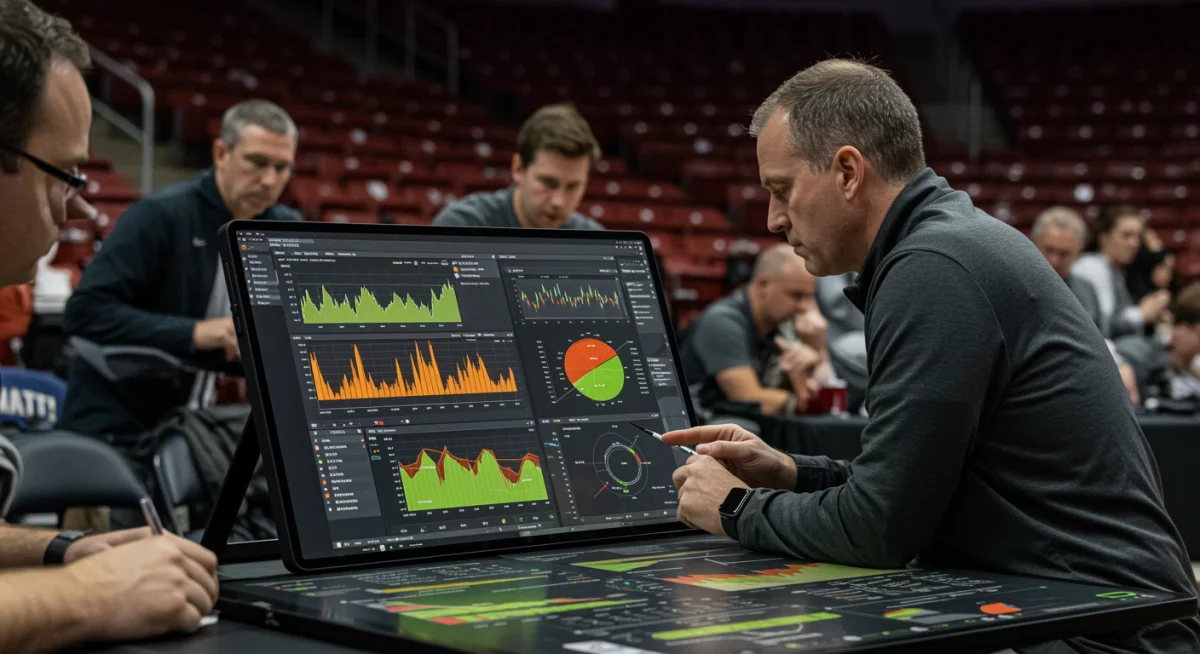 College coach analyzing player data on a tablet for recruiting.