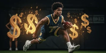 College athlete celebrating an NIL deal, symbolizing financial success in sports