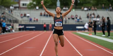 Female athlete celebrating victory at a college track meet, symbolizing achievement and scholarship success.