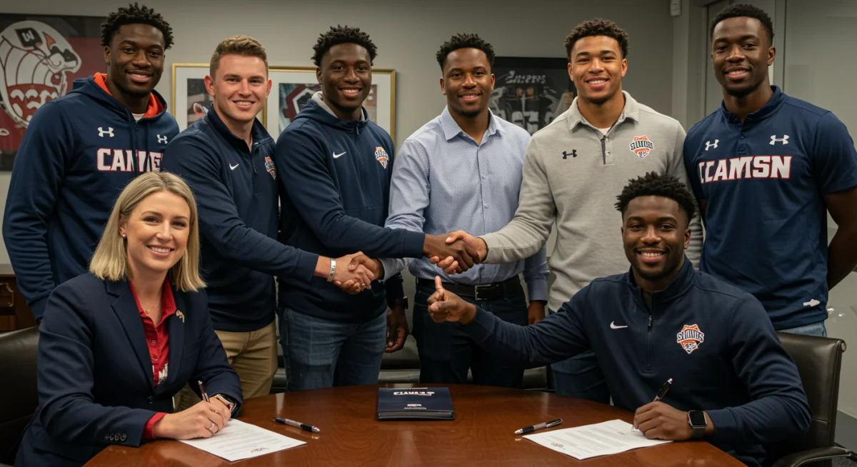 College athletes signing NIL contracts with brand representatives